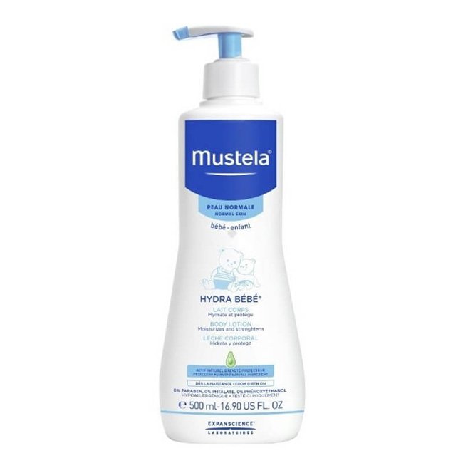 mustela-hydra-bebe-500 Bottle of Hydra Baby Moisturizing Milk by Mustela, a body cream indicated for moisturizing baby and newborn sensitive skin.