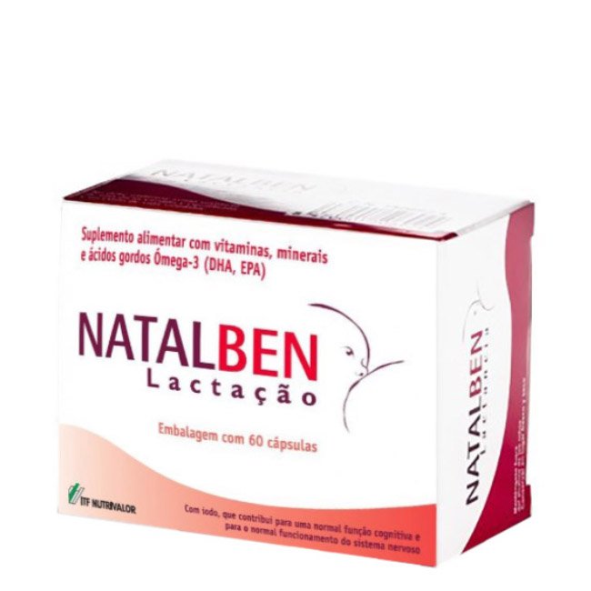 natalbenlactacao Box of Natalben Lactation Capsules by Natalben, a multivitamin supplement indicated for essential nutrients during lactation.