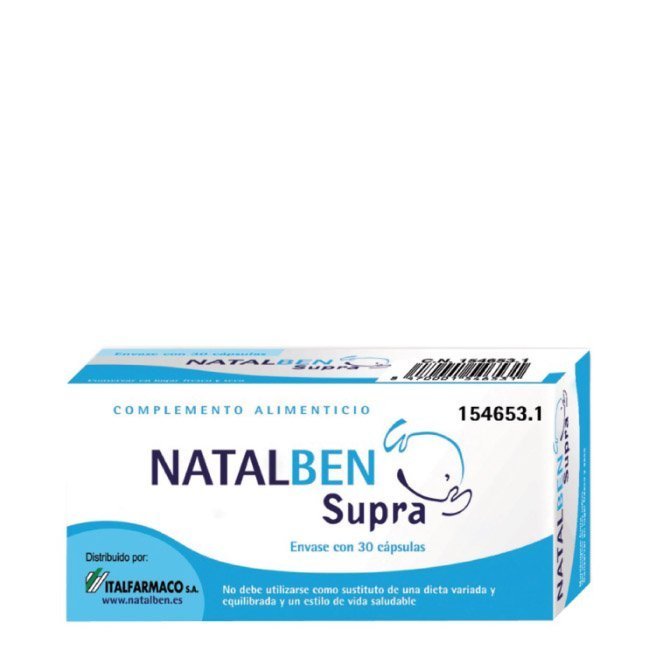 natalbensupra Box of Natalben Supra Capsules by Natalben, a dietary supplement indicated for nutritional needs during pregnancy.