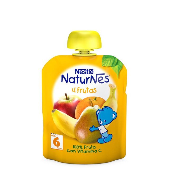 naturnes4frutas90g Product container of Nestlé Naturnes Fruit Packet by Nestlé, a ready-to-eat fruit puree indicated for baby feeding from 6 months.