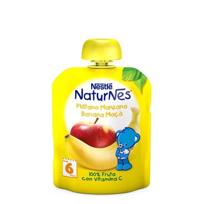 naturnesbananamaca90g Product container of Nestlé Naturnes Banana-Apple Fruit Package by Nestlé, a fruit puree indicated for baby feeding from 6 months.