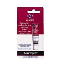 Tube  of  Neutrogena  Nose  and  Lip  Balm  Intense  Repair  by  Neutrogena,  a  repairing  balm  indicated  for  dry  and  chapped  lips.