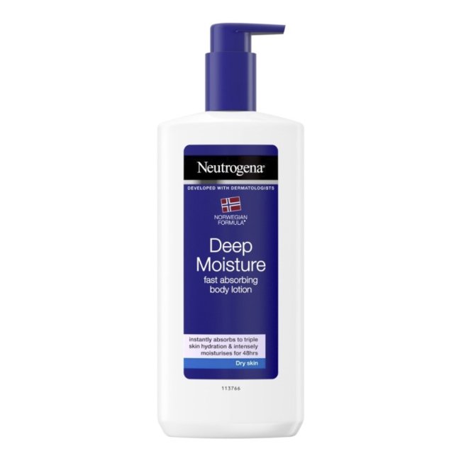neutrogenadeepmoisture Bottle of Neutrogena Deep Hydration Body Lotion by Neutrogena, a creamy lotion indicated for dry and sensitive skin.