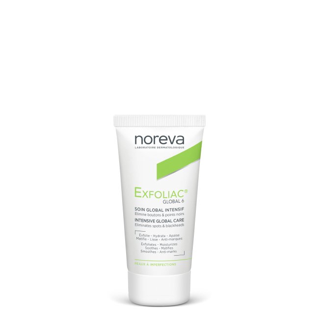 norevaexfoliacglobal6_2 Tube of Noreva Exfoliac Global 6 Anti-Imperfection Care by Noreva, a cream indicated for oily skin with acne imperfections.