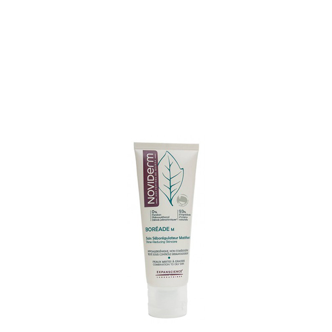 novaderm-boreade-m-emulsion-seborreguladora-matificante-40ml Tube of Noviderm Boréade M Matifying Seborregulator Cream by Noviderm, a cream indicated for regulating sebum in oily skin.
