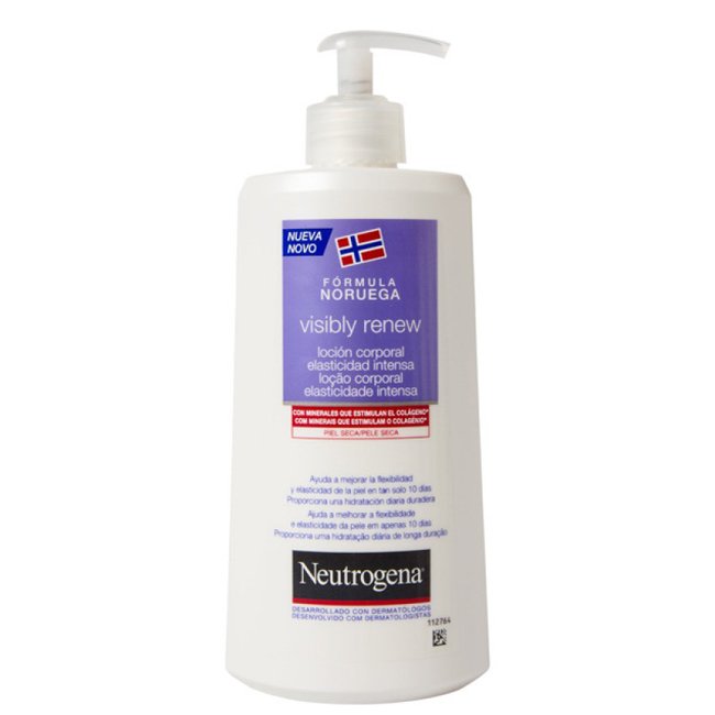 nvisiblyrenewloc_a_o750 Bottle of Neutrogena Visibly Renew Elasti-Boost Body Lotion by Neutrogena, a body lotion indicated for skin flexibility and elasticity.