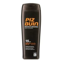 Bottle  of  Piz  Buin  In  Sun  SPF15  Moisturizing  Lotion  by  Piz  Buin,  a  liquid  lotion  indicated  for  skin  hydration  and  protection.