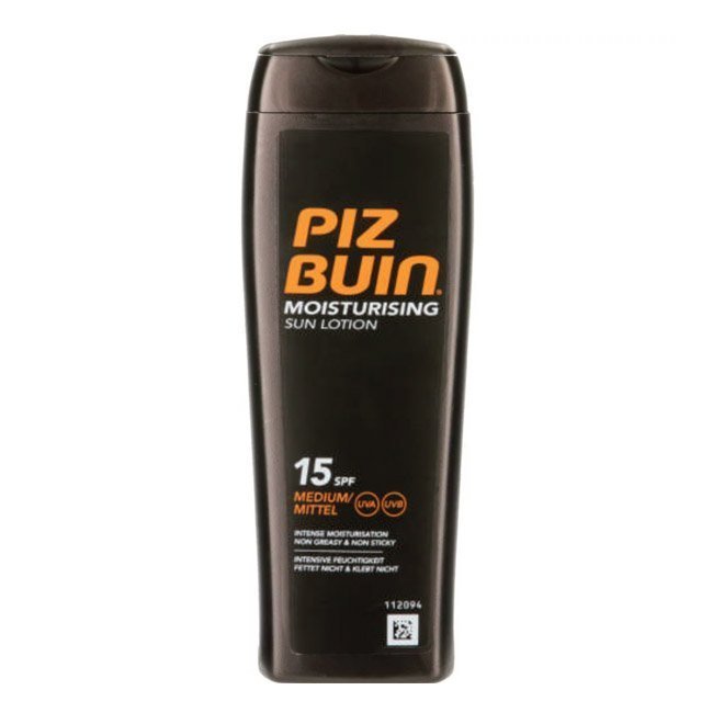 pizbuininsunspf15 Bottle of Piz Buin In Sun SPF15 Moisturizing Lotion by Piz Buin, a liquid lotion indicated for skin hydration and protection.