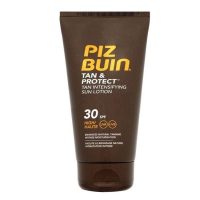 Bottle  of  Piz  Buin  Tan  and  Protect  Tan  Intensifying  Sun  Lotion  SPF30  by  Piz  Buin,  a  lotion  indicated  for  intensifying  tan  and  sun  protection.