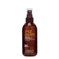 Spray  of  Piz  Buin  Tan  and  Protect  Tan  Accelerating  Oil  Spray  SPF30  by  Piz  Buin,  an  oil  indicated  for  accelerating  tanning  and  sun  protection.
