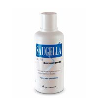 Bottle  of  Saugella  Dermolíquido  Intimate  Cleansing  Emulsion  by  Saugella,  an  emulsion  indicated  for  daily  intimate  hygiene.