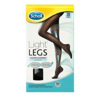 Product  container  of  Dr.  Scholl  Light  Compression  Tights,  a  compression  garment  indicated  for  stimulating  circulation  in  heavy  legs.