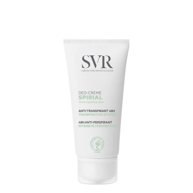 svr-deo-creme-spirial-50ml Tube of SVR Spirial Deo-Creme 48H by SVR, a deodorant cream indicated for regulating intense perspiration on hands and feet.