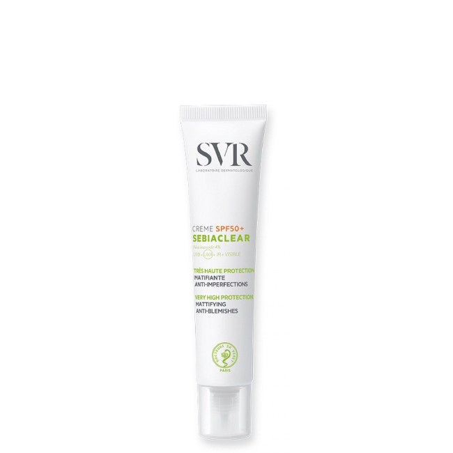 SVR Sebiaclear Cream SPF50 Tube of SVR Sebiaclear Cream SPF50 by SVR, a mattifying face cream indicated for oil regulation and high sun protection.