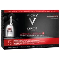 Box  of  Dercos  Aminexil  Clinical  5  Men  Ampoules  by  Vichy,  a  liquid  treatment  indicated  for  reducing  hair  loss  in  men.