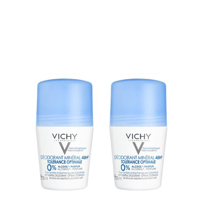 vichy duo deo roll on mineral Bottle of Vichy Aluminium Salt Free 48h Roll-On Deodorant by Vichy, a roll-on deodorant indicated for regulating perspiration.