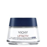 Jar  of  Vichy  Liftactiv  HA  Anti-Wrinkle  and  Firming  Night  Care  by  Vichy,  a  cream  indicated  for  reducing  wrinkles  and  firming  skin.