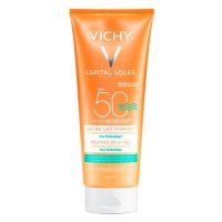 Bottle  of  Vichy  Capital  Soleil  Melting  Milk-Gel  by  Vichy,  a  milk-gel  indicated  for  high  sun  protection  on  wet  skin  for  face  and  body.