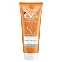Bottle  of  Vichy  Capital  Soleil  Kids  Gentle  Protective  Milk  SPF  50  by  Vichy,  a  fluid  milk  indicated  for  childrens  sun  protection.
