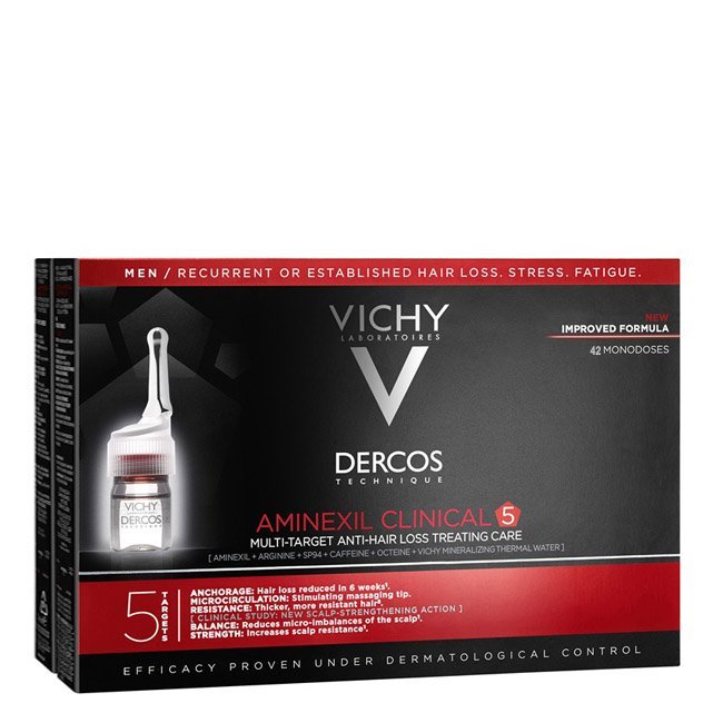 vichydercosaminexilclinical5homem.42 Box of Vichy Dercos Aminexil Clinical 5 Men Anti-Hair Loss Treatment by Vichy, a liquid care indicated for hair loss in men.