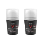 Bottle of Vichy Homme Duo Extreme Control 72h Roll-On by Vichy, a roll-on deodorant indicated for long-lasting antiperspirant protection.