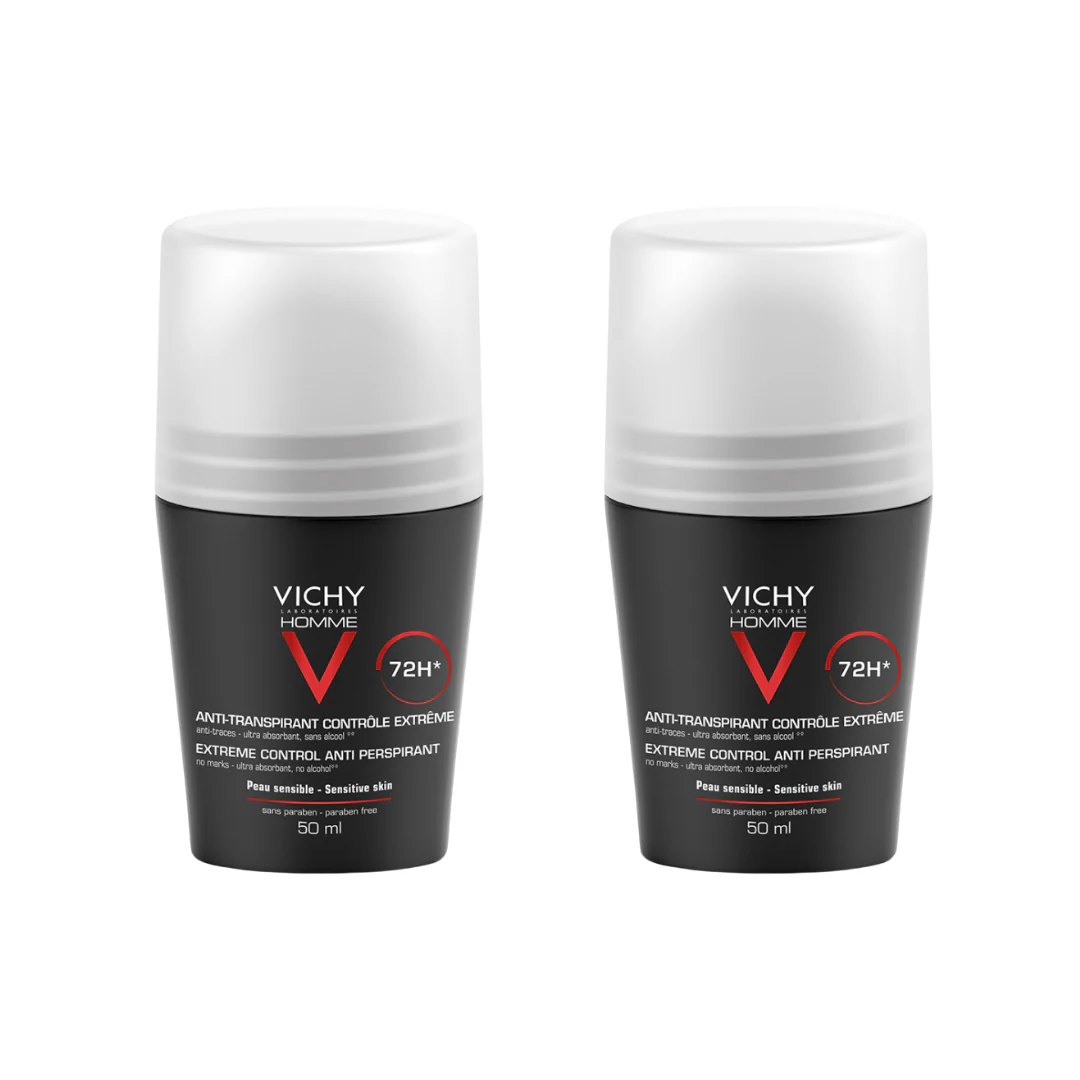 vichyhomme72h Bottle of Vichy Homme Duo Extreme Control 72h Roll-On by Vichy, a roll-on deodorant indicated for long-lasting antiperspirant protection.