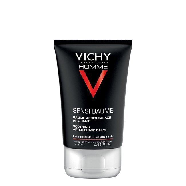 vichyhommesensibaume Tube of Vichy Homme Soothing Mineral After-Shave Balm by Vichy, a balm indicated for soothing and repairing skin after shaving.