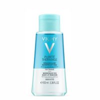 Bottle  of  Vichy  Pureté  Thermale  Makeup  Remover  Waterproof  Eyes  by  Vichy,  a  biphasic  fluid  indicated  for  removing  waterproof  makeup.