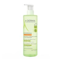 Bottle  of  A-Derma  Exomega  Emollient  Cleansing  Gel  by  A-Derma,  a  gel  indicated  for  sensitive  and  atopic  newborn  skin.
