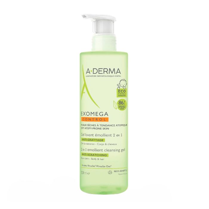 adermaexomegacontrolgeleco Bottle of A-Derma Exomega Emollient Cleansing Gel by A-Derma, a gel indicated for sensitive and atopic newborn skin.