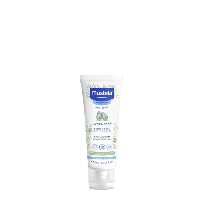 mustelahydrabebecremerosto Tube of Mustela Hydra Bebe Facial Cream by Mustela, a moisturizing cream indicated for the face of newborns and babies.