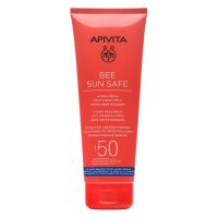Bottle  of  Apivita  Bee  Sun  Safe  Hydra  Fresh  Face  and  Body  Milk  by  Apivita,  a  sun  milk  indicated  for  high  broad-spectrum  protection.