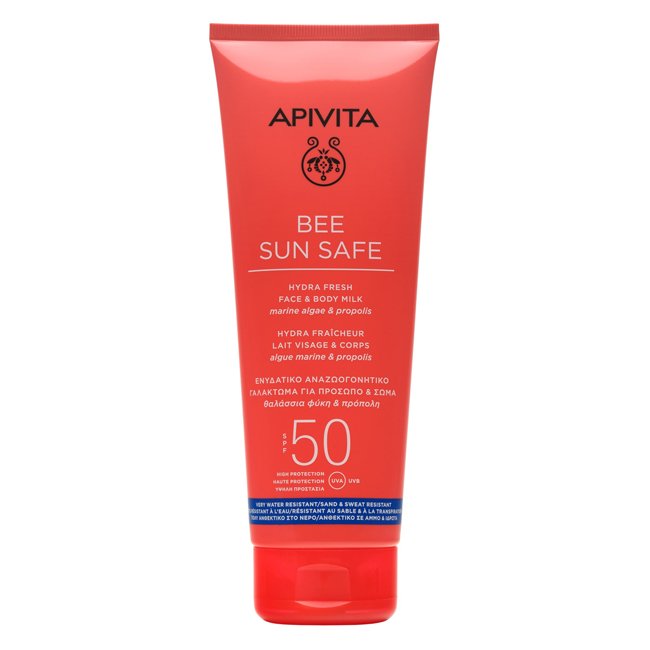 ApivitaBeeSunSafeHydraFreshProtectiveMilkSPF50200ml Bottle of Apivita Bee Sun Safe Hydra Fresh Face and Body Milk by Apivita, a sun milk indicated for high broad-spectrum protection.