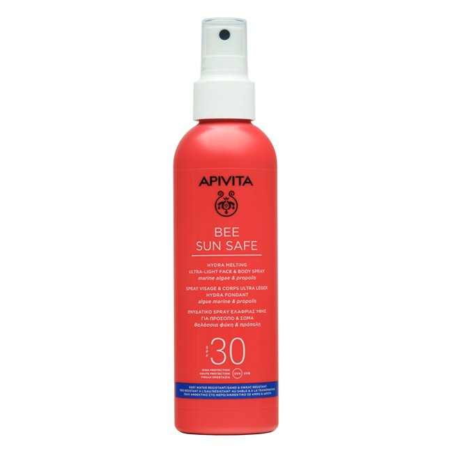 ApivitaBeeSunSafeHydraMeltingUltralightSpraySPF30200ml Spray of Apivita Bee Sun Safe Hydra Melting Ultra-Light Face and Body Spray by Apivita, a mist indicated for SPF30 sun protection.
