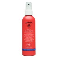 Spray  of  Apivita  Bee  Sun  Safe  Hydra  Melting  Ultra-Light  Face  and  Body  Spray  by  Apivita,  a  mist  indicated  for  SPF50  sun  protection.