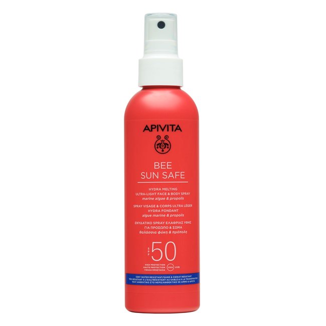 ApivitaBeeSunSafeHydraMeltingUltralightSpraySPF50200ml Spray of Apivita Bee Sun Safe Hydra Melting Ultra-Light Face and Body Spray by Apivita, a mist indicated for SPF50 sun protection.