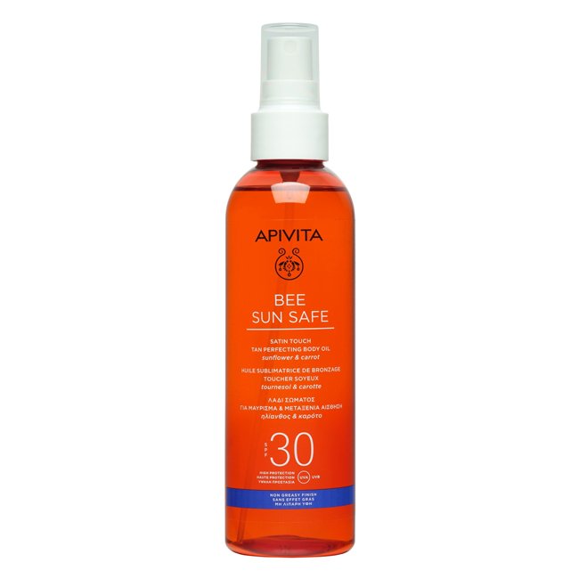ApivitaBeeSunSafeTanPerfectingBodyOilSPF30200ml Bottle of Apivita Bee Sun Safe Satin Touch Tan Perfecting Body Oil by Apivita, an oil indicated for highlighting a natural tan.
