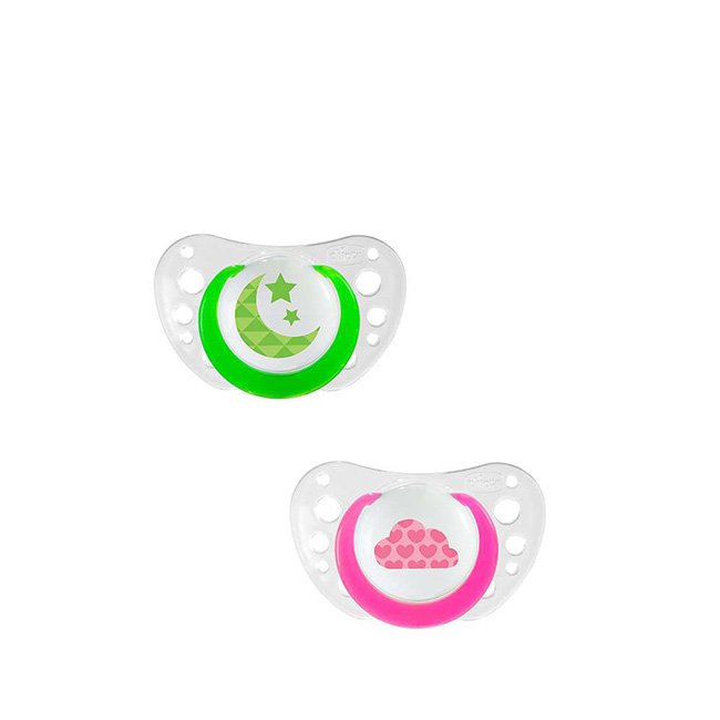 ChiccoPhysioAirLuminousSiliconeSoother6-12m+2units. Chicco Physio Air Luminous Silicone Soother 6-12m+ 2units.