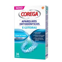 Box  of  Corega  Orthodontic  Appliances  and  Drip  Trays  Cleaning  Tablets  by  Corega,  a  tablet  indicated  for  appliance  hygiene.