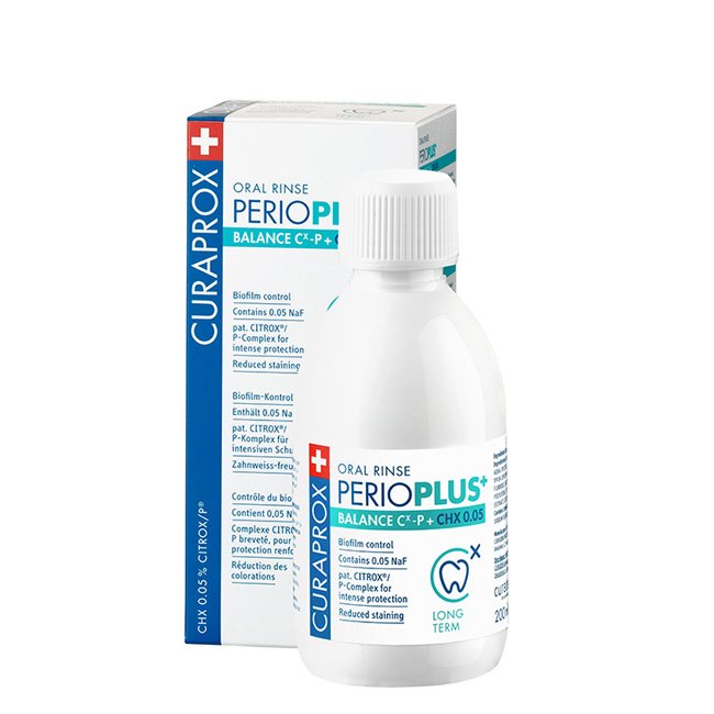 CuraproxPerioPlus+BalanceMouthwash200ml Bottle of Curaprox Perio Plus Balance Mouthwash by Curaprox, a mouthwash elixir indicated for preventing decay and gingivitis.