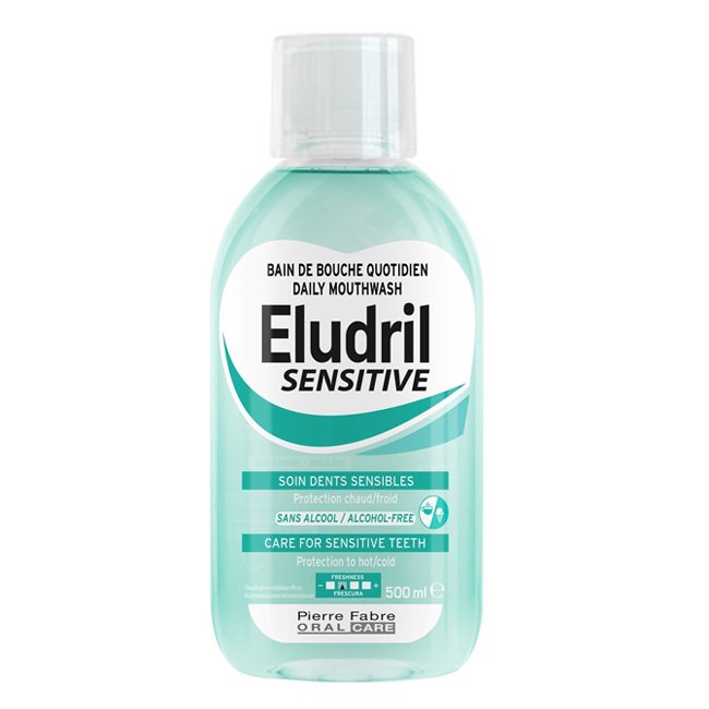 EludrilSensitiveToothpaste500ml Bottle of Eludril Sensitive Care for Sensitive Teeth by Eludril, a mouthwash indicated for reducing tooth sensitivity.