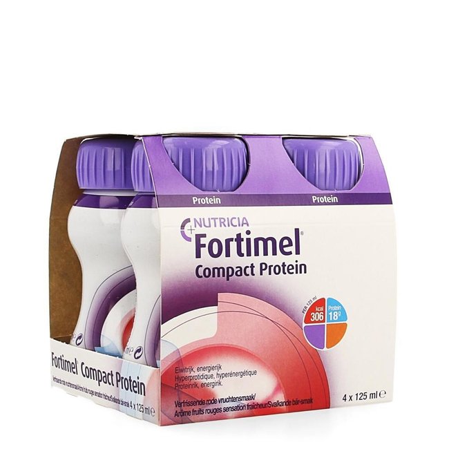 FortimelCompactProteinRedFruits4x125ml Bottle of Fortimel Compact Protein Red Fruits by Nutricia, a protein supplement indicated for disease-associated malnutrition.