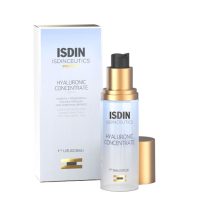 Bottle  of  Isdinceutics  Hyaluronic  Concentrate  by  ISDIN,  a  facial  serum  indicated  for  deep  hydration  and  wrinkles.