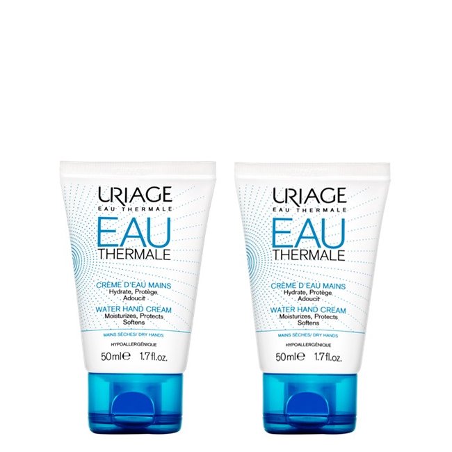 UriageDuoHandCream Box of Uriage Water Hand Cream Duo Pack by Uriage, a moisturizing cream indicated for repairing fragile and dry hands.