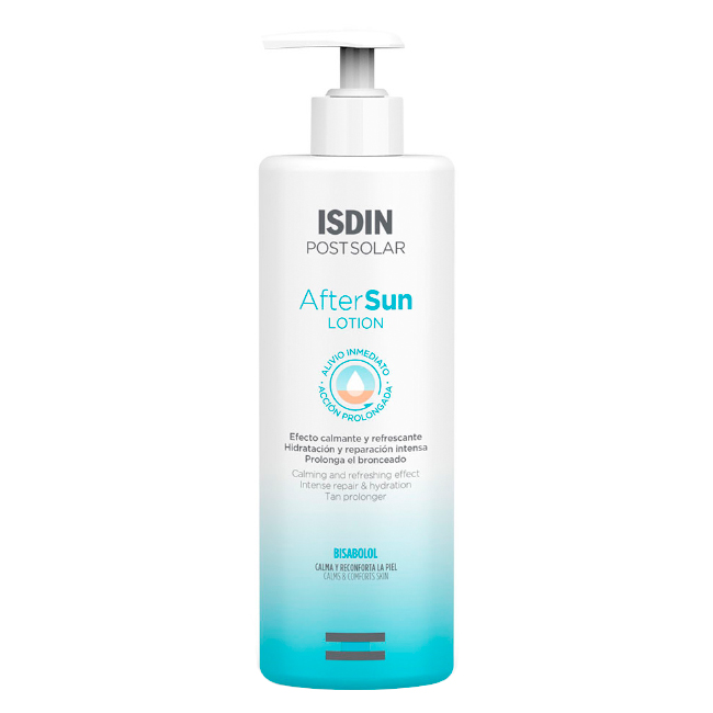 aftersunisdinaftersunlotion400ml Bottle of ISDIN After Sun Lotion by Isdin, a fluid lotion indicated for moisturizing, refreshing, and repairing skin after sun exposure.