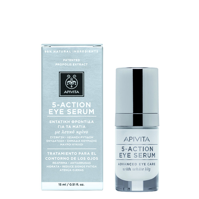 apivita5actioneyeserumanti-ageingeyes15ml Bottle of Apivita 5-Action Eye Serum by Apivita, a firming serum indicated for eye wrinkles, dark circles and signs of fatigue.