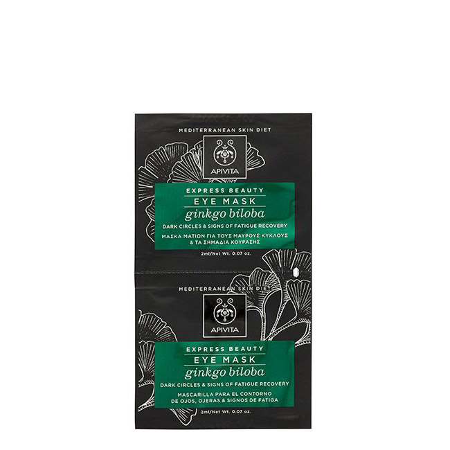 apivitaexpressbeautyantifatigueeyemaskgingkobiloba2x2ml Product container of Apivita Express Beauty Eye Mask Gingko Biloba, a creamy eye mask indicated for reducing signs of fatigue and dark circles.