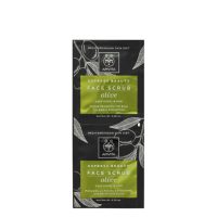 Product  container  of  Apivita  Express  Beauty  Face  Scrub  Olive  Deep  Exfoliation,  an  exfoliating  cream  for  deep  cleansing  and  softening  skin.
