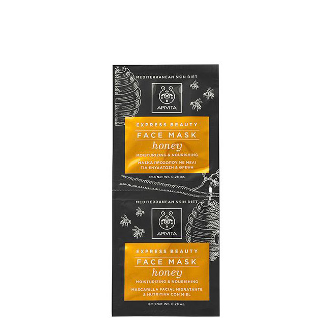 apivitaexpressbeautymoisturizingnourishinghoneymask2x8ml Product container of Apivita Express Beauty Moisturizing and Nourishing Face Mask Honey, a cream mask for hydrating and nourishing skin.