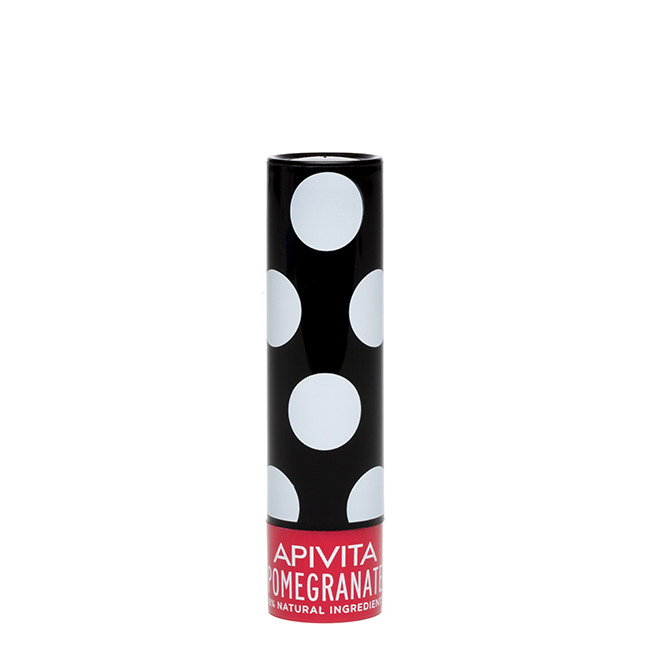apivitalipstickpomegranatecolorred44gr Product container of Apivita Lip Care Pomegranate, a tinted lip balm indicated for moisturizing and enhancing lip color.